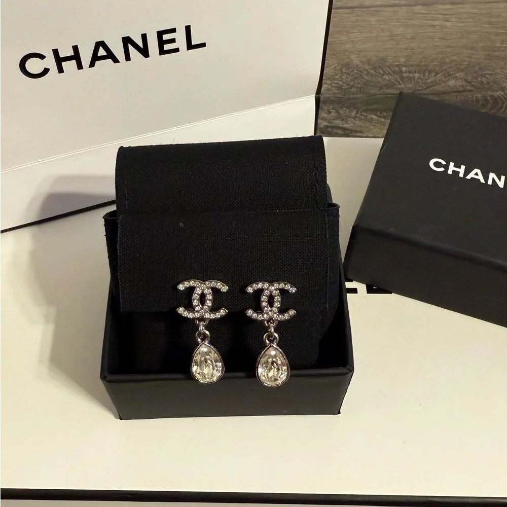 CHANEL Silver Crystal CC Teardrop Dangle Clip On Earrings